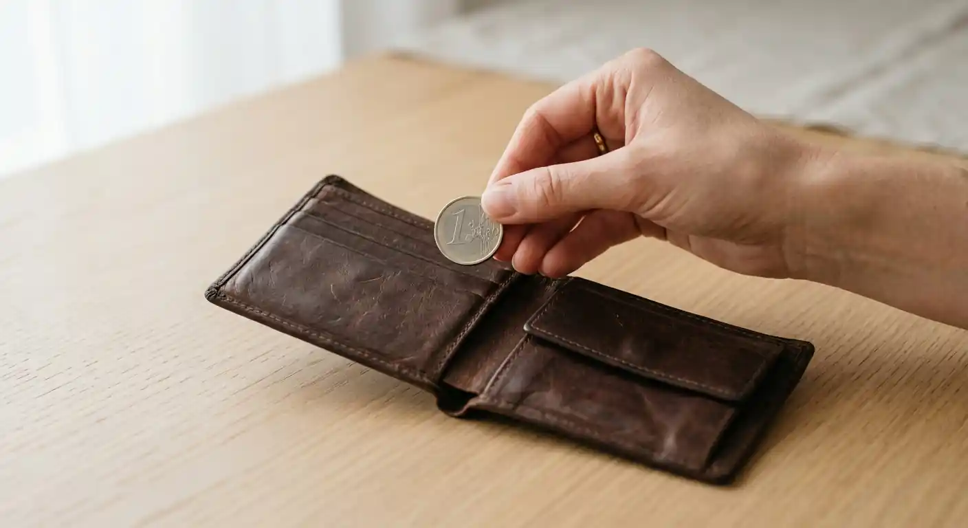 Hand einer Person, die eine einzelne Euro-Münze über einem geöffneten Portemonnaie betrachtet