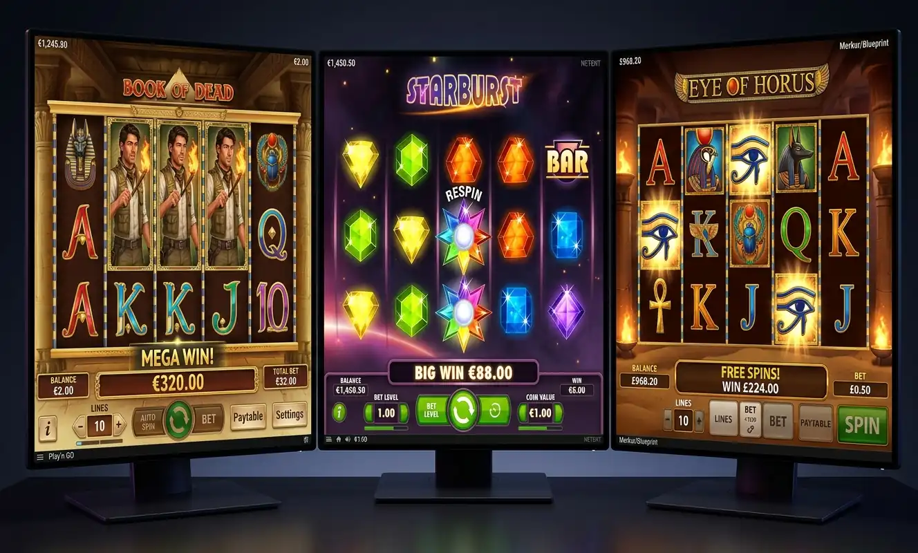 Drei klassische Spielautomaten Book of Dead, Starburst und Eye of Horus im Vergleich