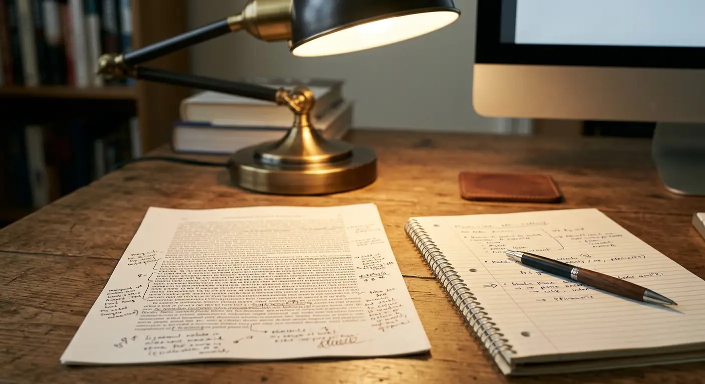 Stift und Notizblock mit handschriftlichen Notizen neben einem Ausdruck der Bonusbedingungen