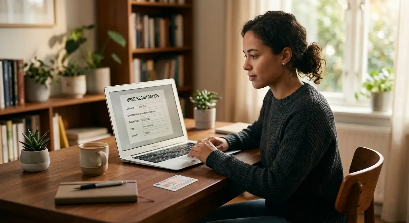 Person am Laptop mit geöffnetem Registrierungsformular und Ausweisdokument daneben