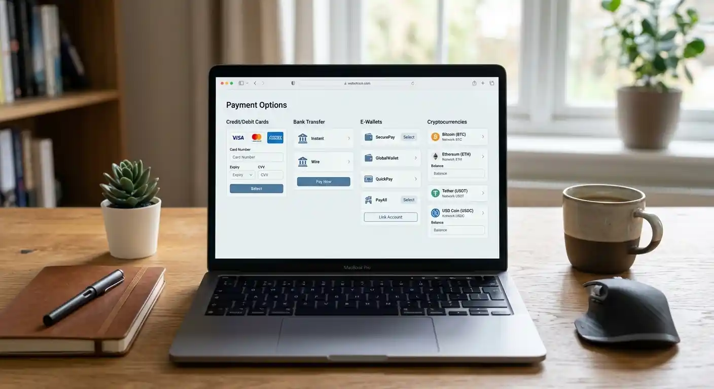 Laptop mit geöffneten E-Wallet-Optionen und Krypto-Wallet-Interfaces