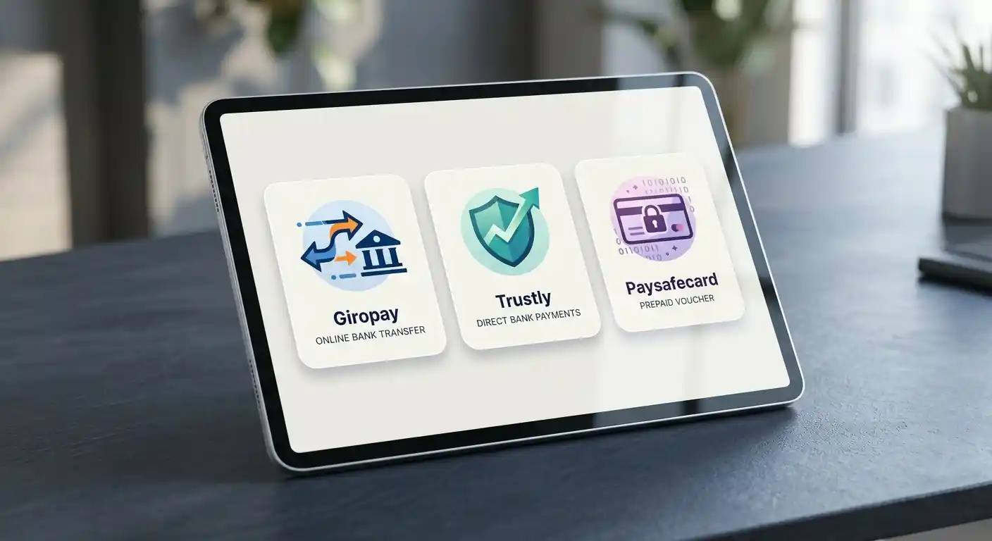 Vergleich von Giropay-, Trustly- und Paysafecard-Logos auf neutralem Hintergrund