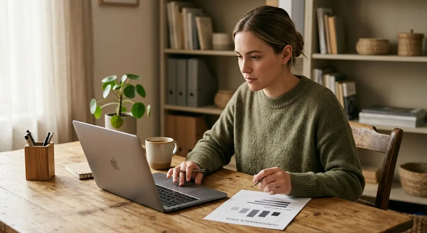 Person am Laptop vergleicht Anbieter mit Bonus ohne Einzahlung