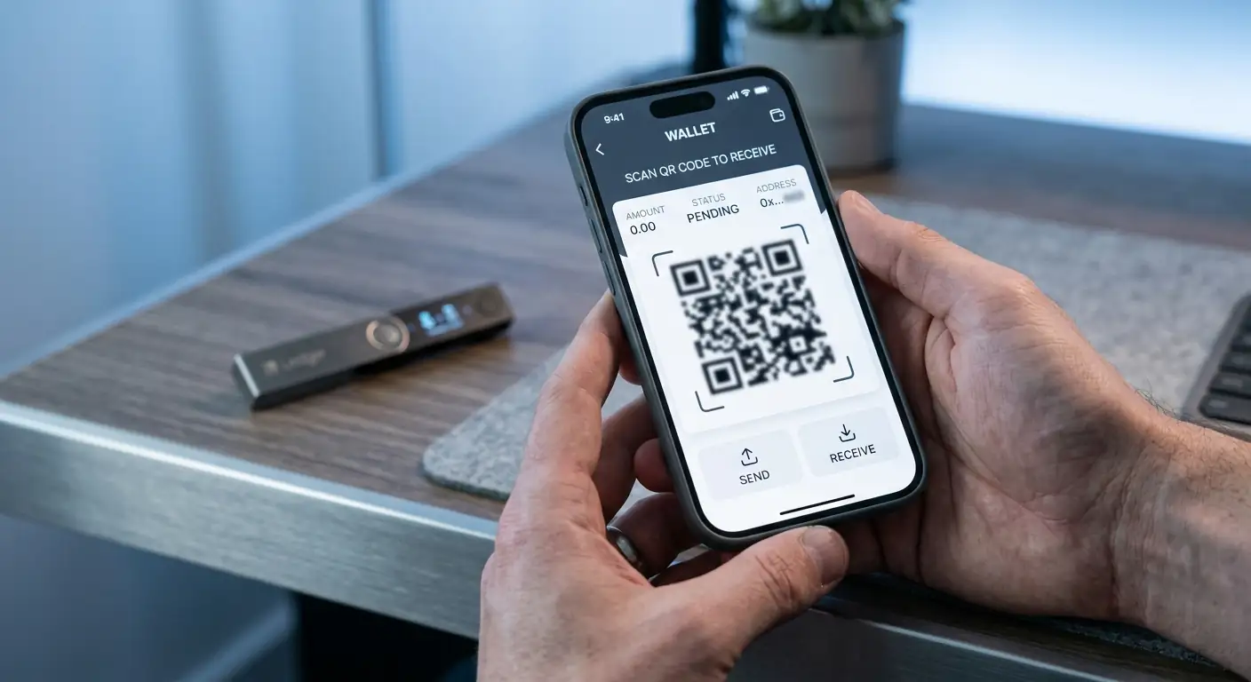 Hände mit Smartphone und Hardware-Wallet in blauem Licht