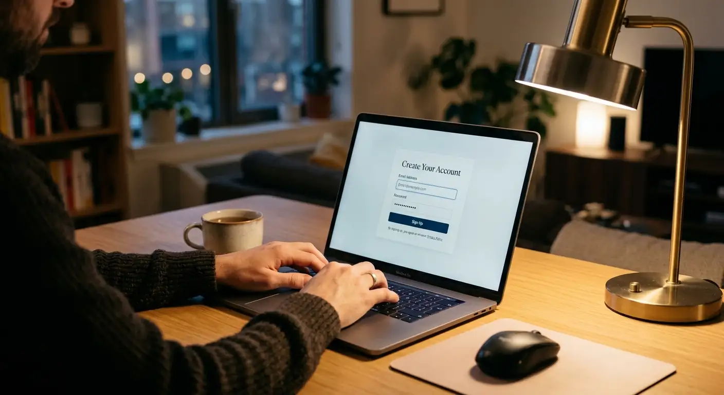 Person am Schreibtisch tippt auf Laptop mit minimalistischem Registrierungsformular