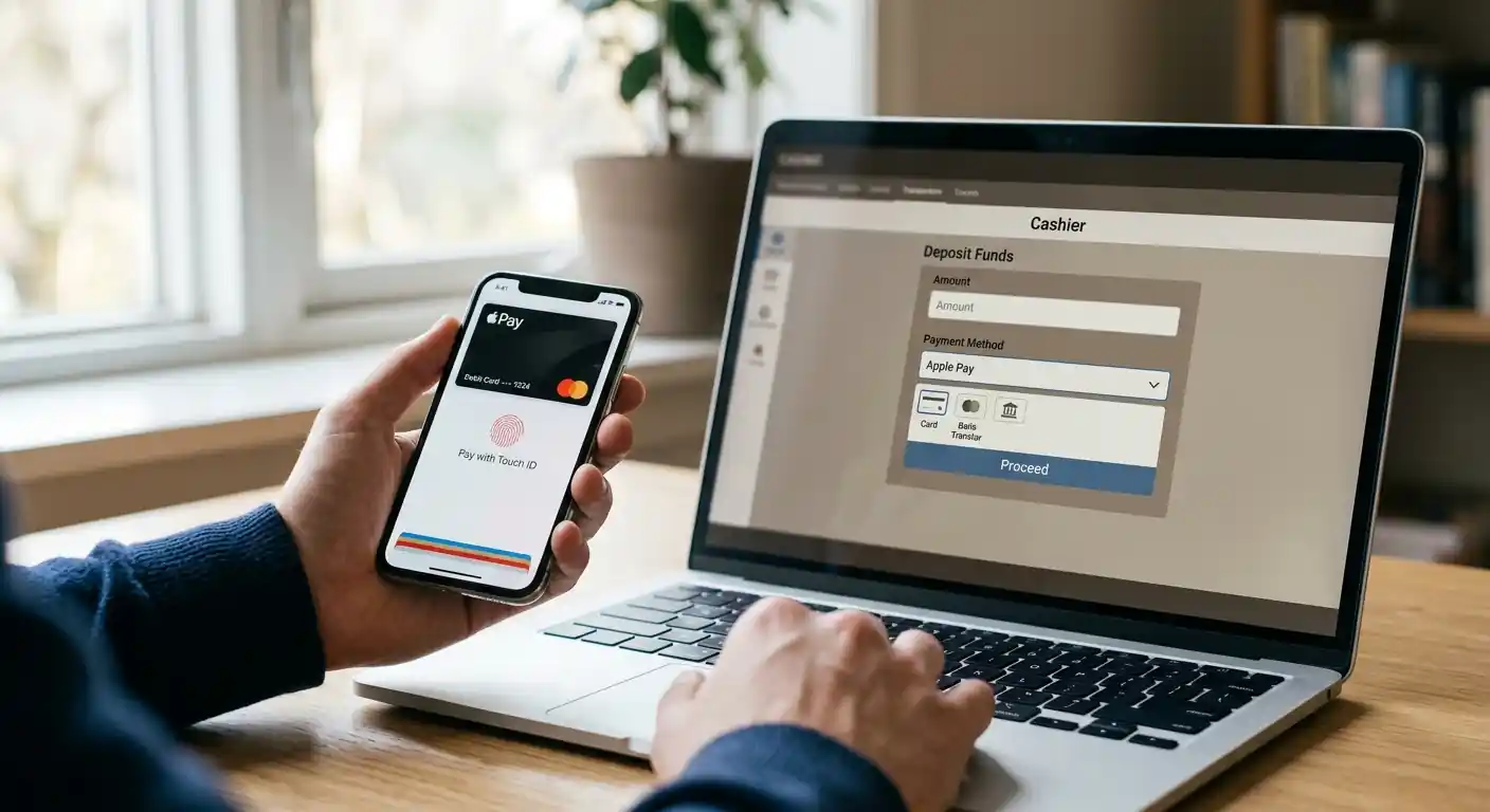 Person am Laptop mit geöffnetem Casino-Kassenbereich und iPhone mit Apple Pay ready