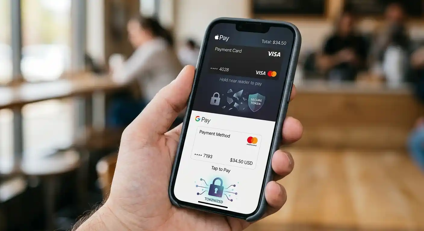 Smartphone zeigt Apple Pay und Google Pay Interface bei Casino-Zahlung mit Tokenisierung