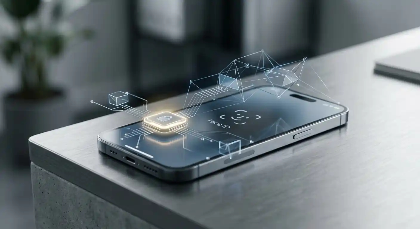 iPhone mit aktivierter Face ID und Secure Element Chip Darstellung
