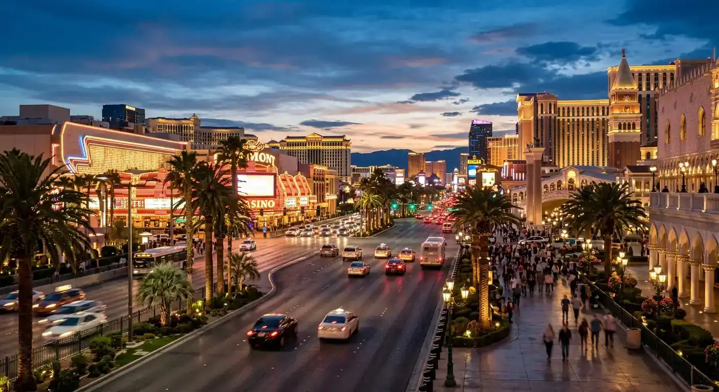 Las Vegas Casino Eingang bei Abenddämmerung ohne Logos