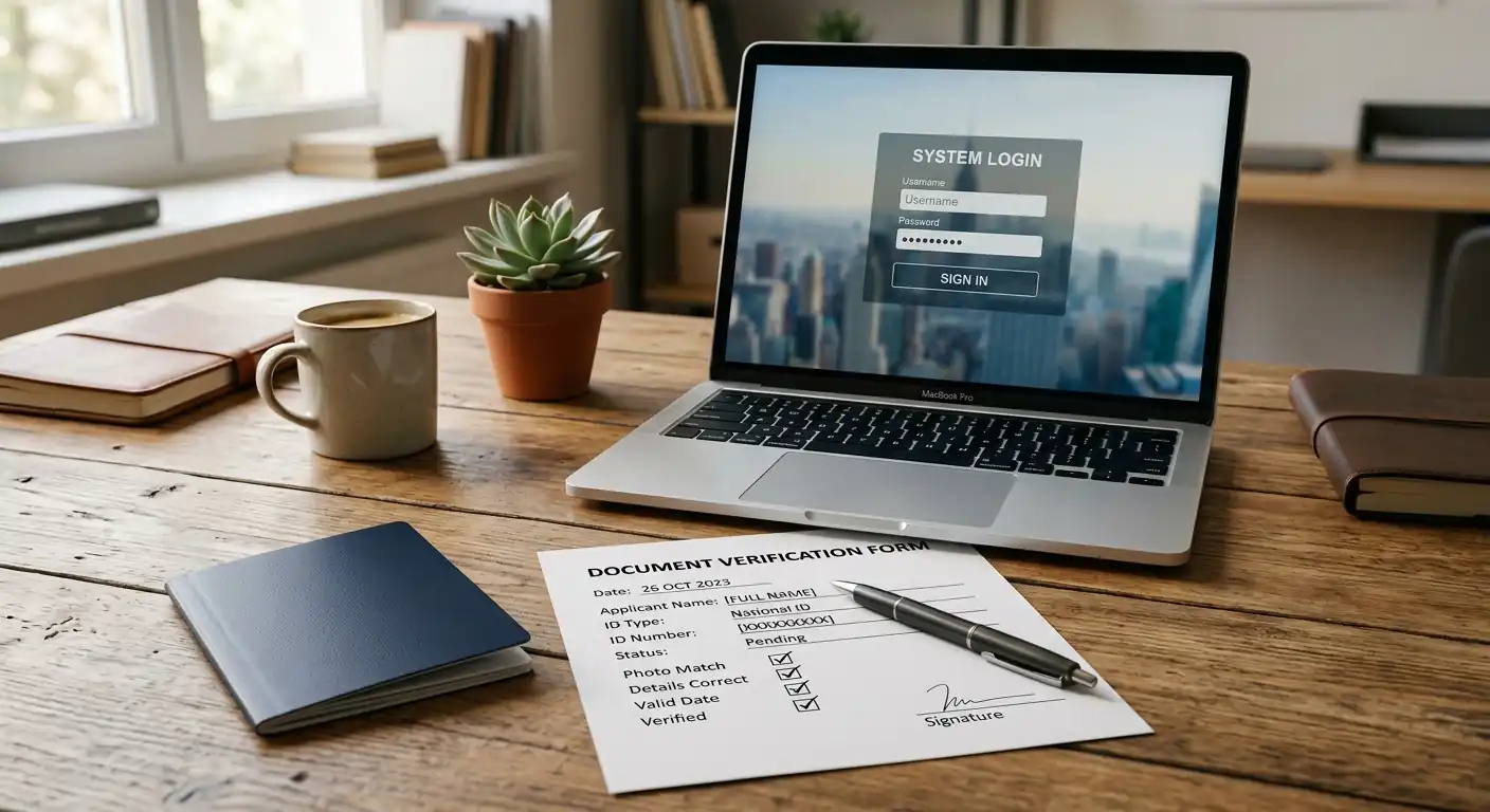 Personalausweis und Verifizierungsformular neben einem Laptop auf dem Schreibtisch