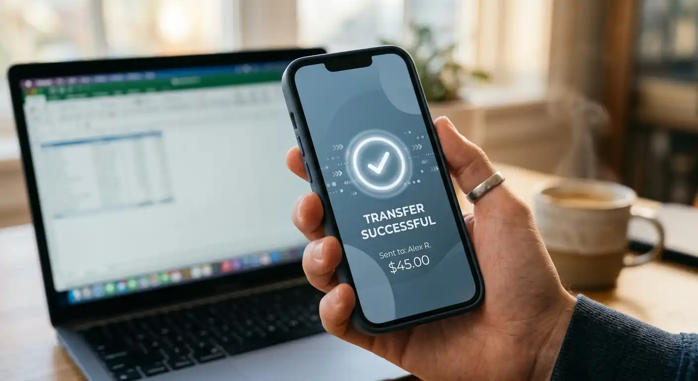 Smartphone mit neutraler Zahlungs-App und Symbolen für schnelle Auszahlung