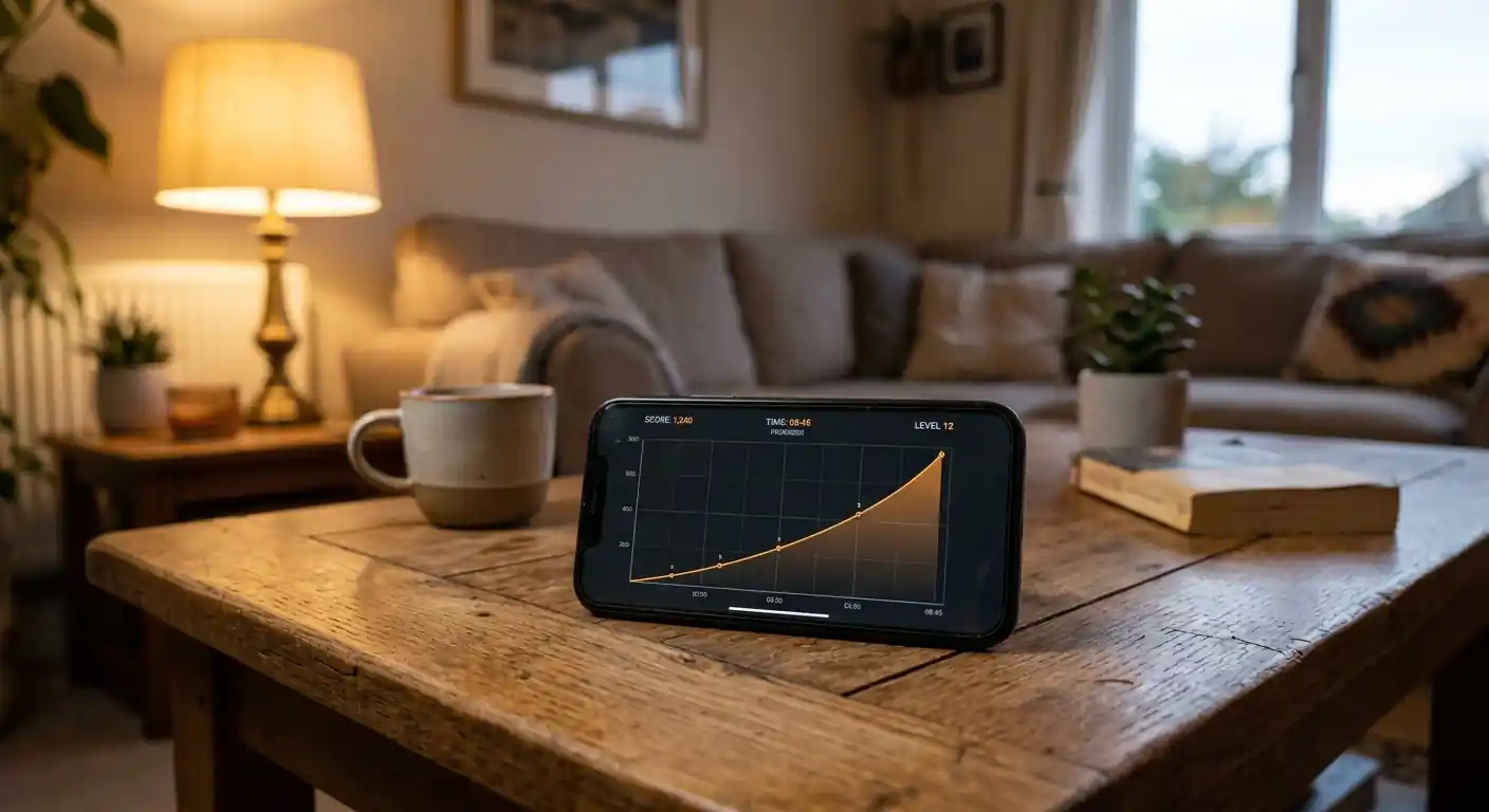 Smartphone mit laufendem Crash-Spiel auf einem Couchtisch in ruhiger Umgebung