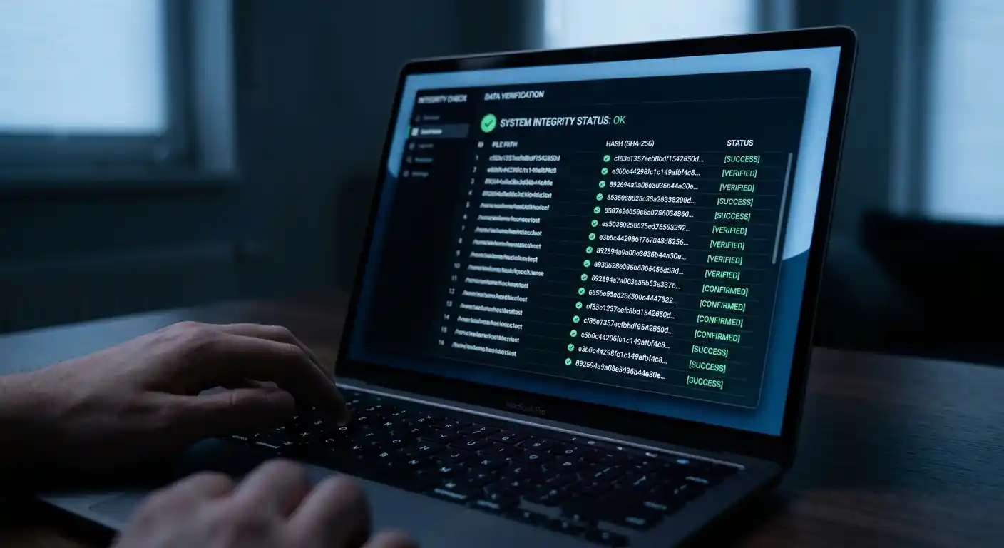 Laptop mit sichtbarem Fairness-Menü und kryptografischen Prüfsummen auf dem Bildschirm