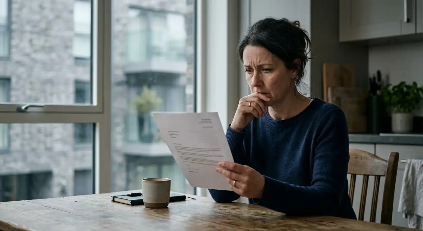 Person liest ein förmliches Kündigungsschreiben der Bank am Tisch mit besorgtem Blick