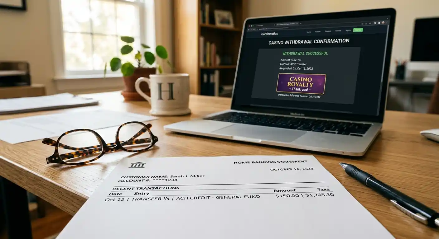 Nahaufnahme eines Kontoauszugs mit Überweisung neben Laptop mit Auszahlungsbestätigung