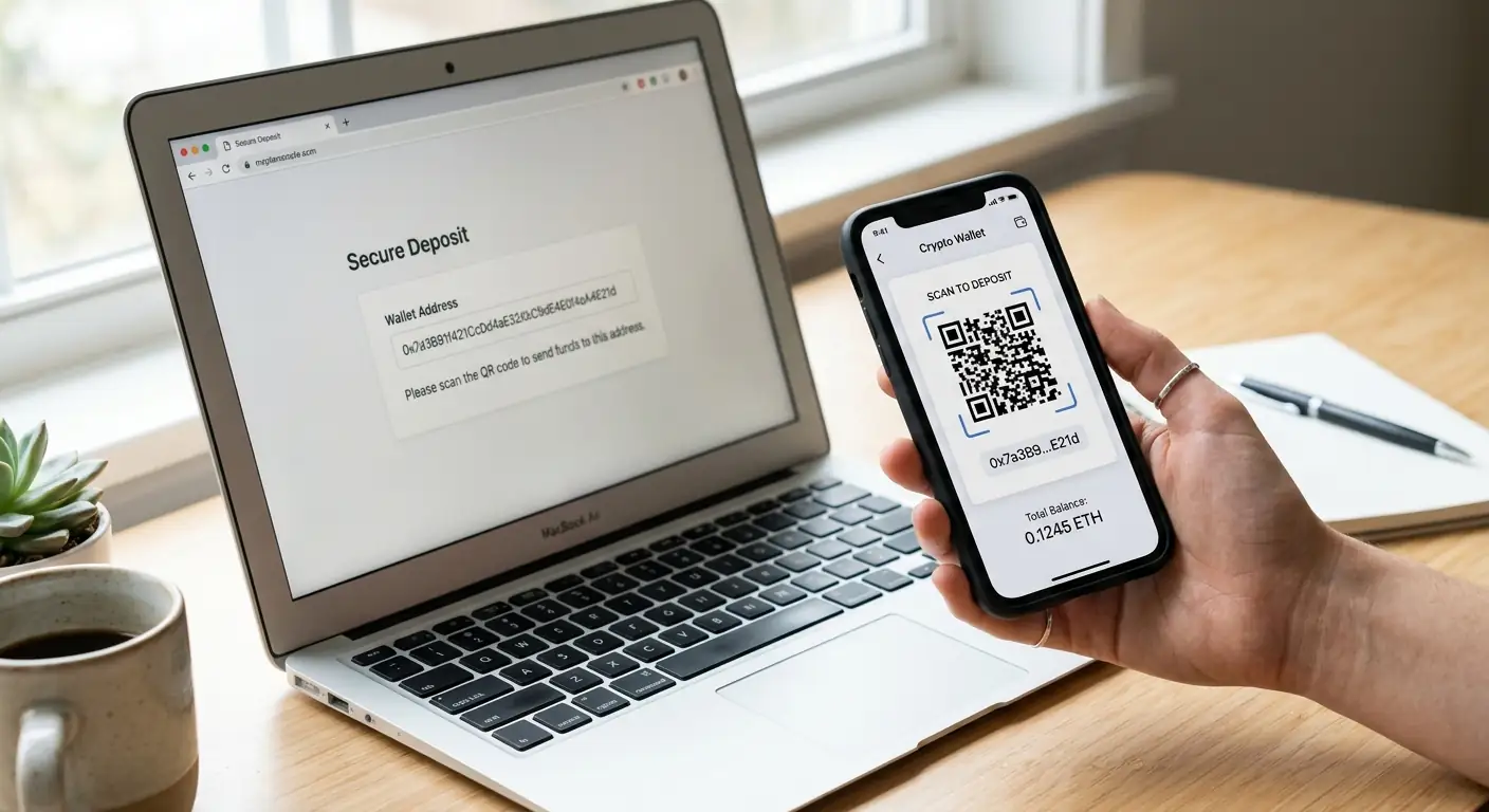 Smartphone mit Bitcoin Cash Wallet und QR-Code neben Laptop