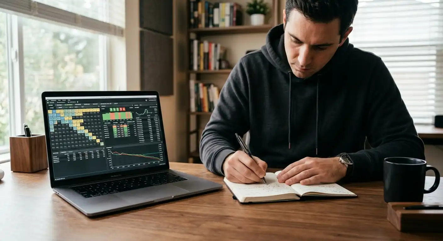 Professioneller Pokerspieler mit Notizbuch und Laptop bei Strategieplanung