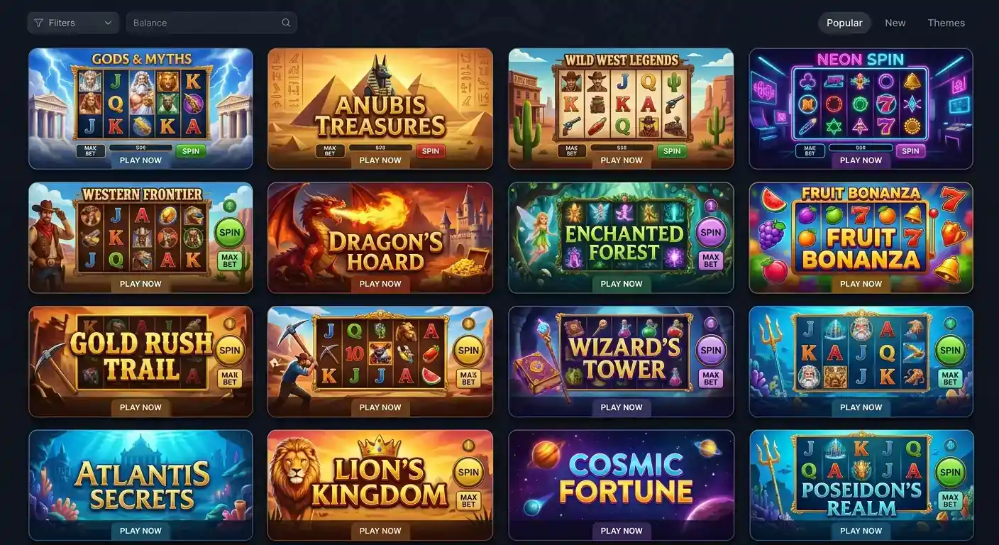 Sammlung populärer Slot-Thumbnails mit unterschiedlichen Themen und Providern