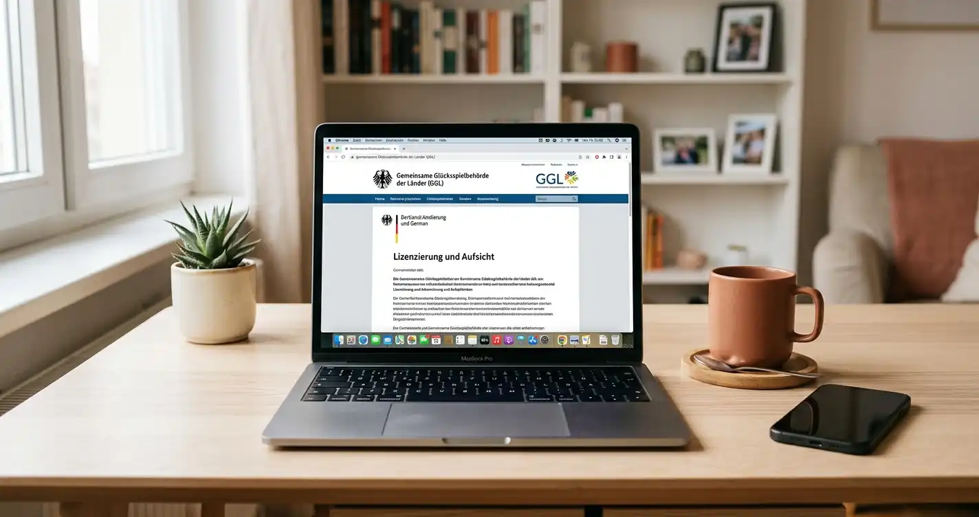 Moderner Schreibtisch mit Laptop und offiziellem GGL-Dokument zur Online-Casino-Lizenzierung in Deutschland