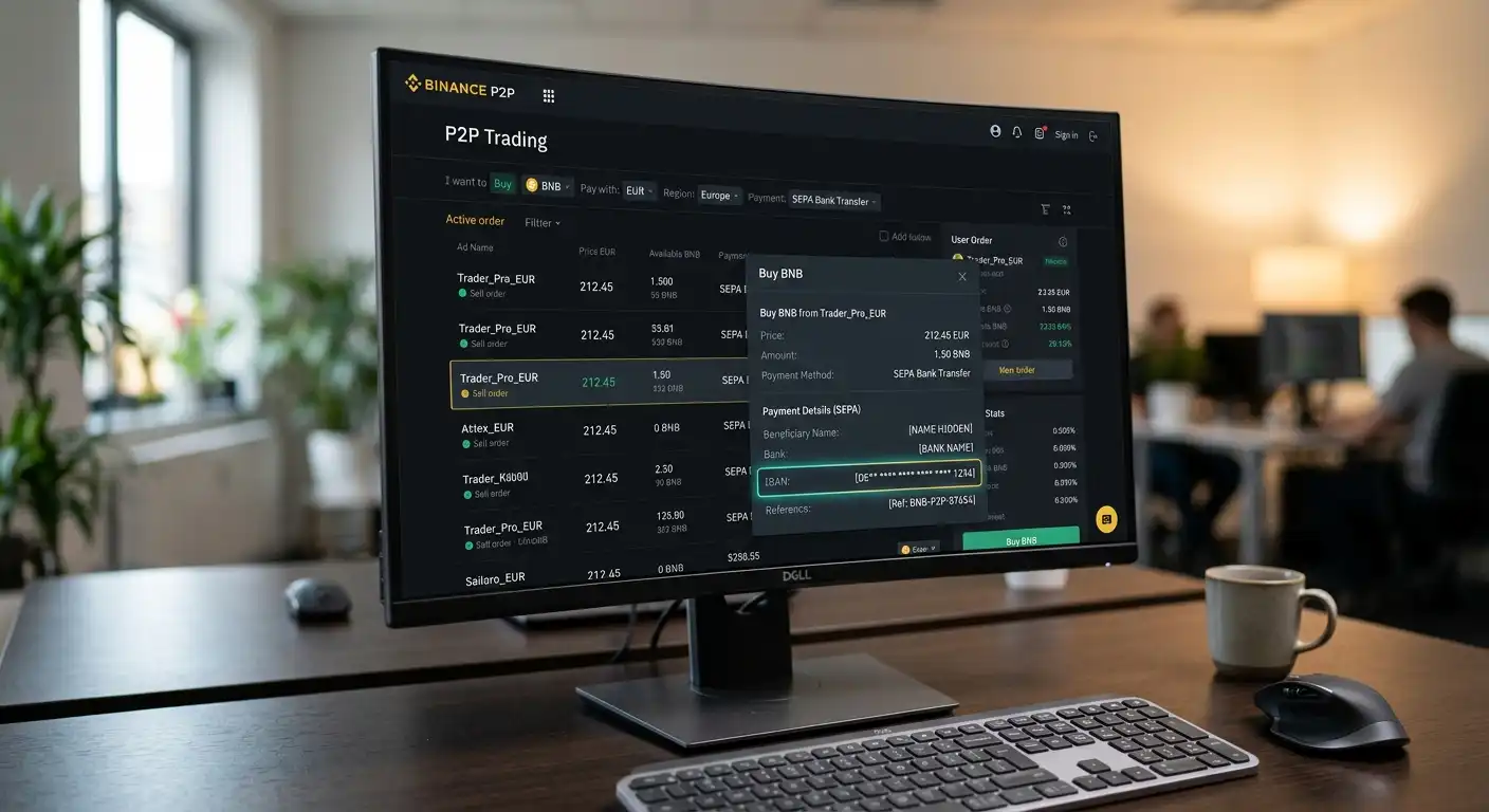 Desktop-Bildschirm mit Binance P2P-Interface, SEPA-Überweisung vorbereitet, BNB-Kaufauftrag aktiv