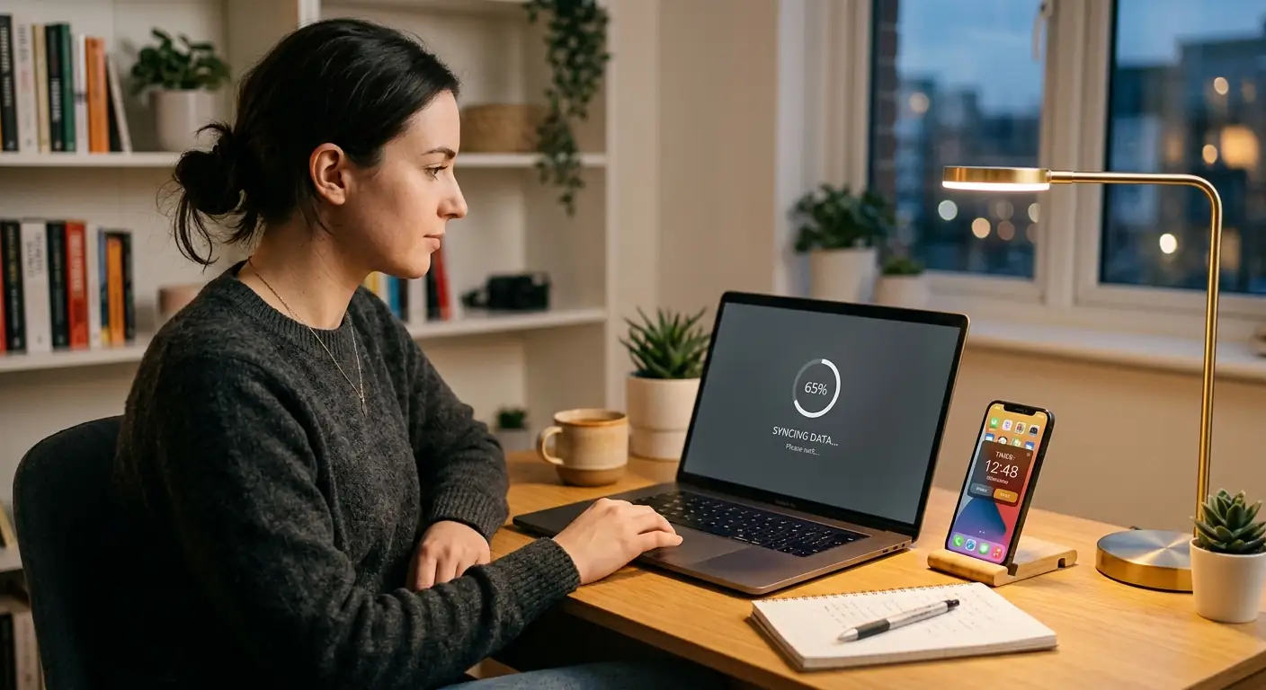 Person am Schreibtisch beobachtet Fortschrittsanzeige auf Laptop