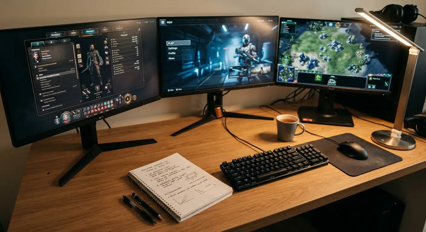 Arbeitsplatz mit drei Monitoren und Notizen zum Casino-Vergleich