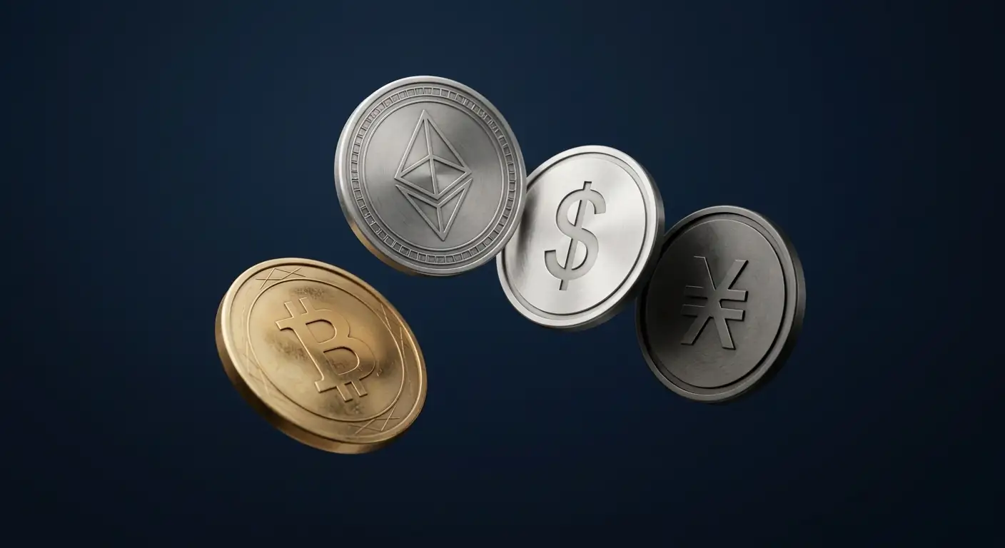 Abstrakte grafische Darstellung verschiedener Kryptowährungs-Symbole in ruhigen Blau- und Goldtönen