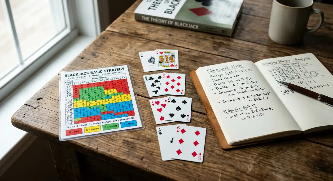 Blackjack-Strategiekarte und Spielkarten auf Tisch