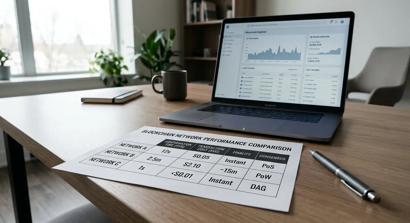 Gedrucktes Blockchain-Vergleichsdiagramm mit Kosten und Geschwindigkeit