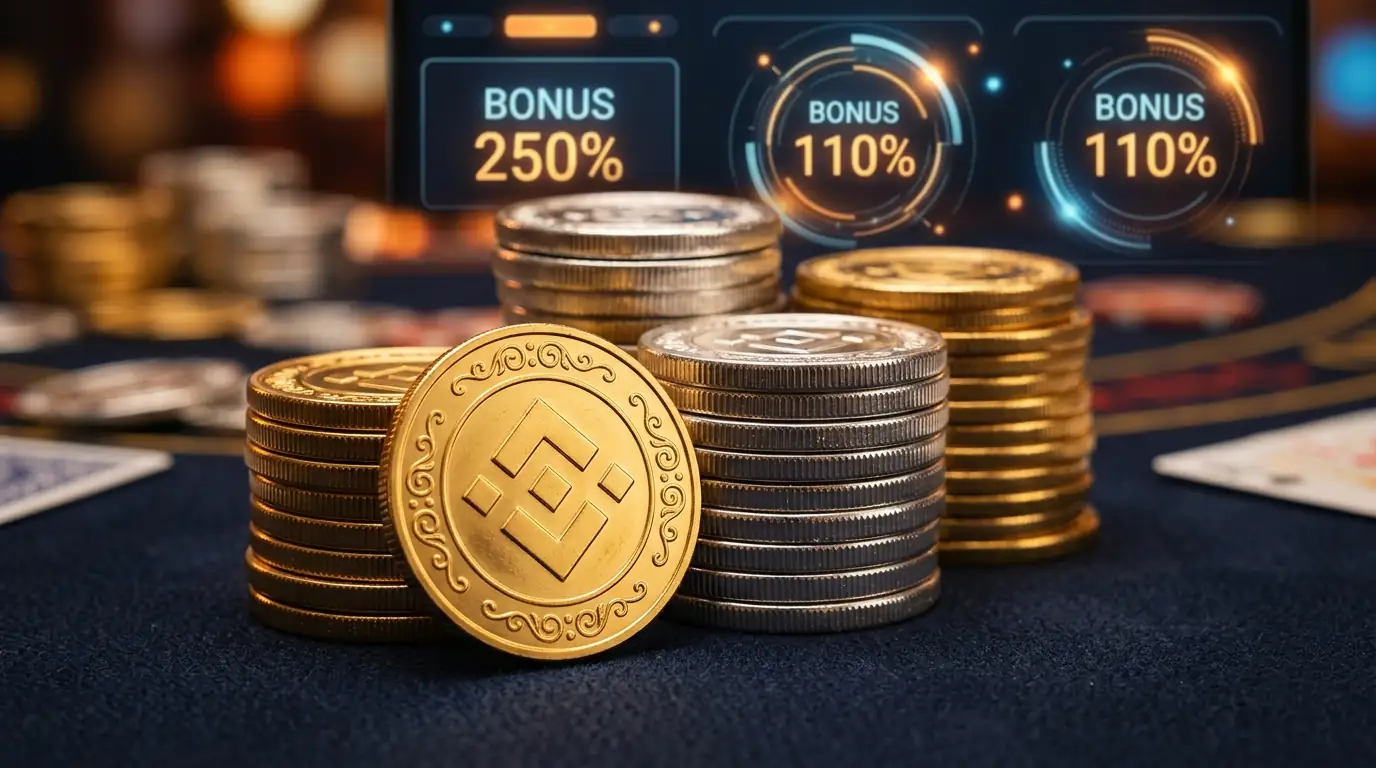 Gestapelte Kryptowährung-Chips in Gold und Silber mit BNB-Symbol, Bonus-Percentage-Anzeige im Hintergrund