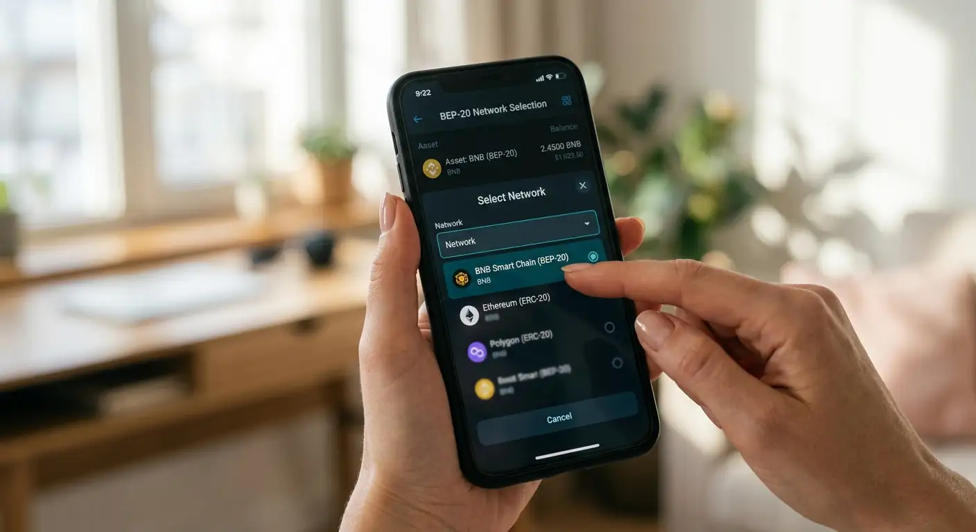 Smartphone in der Hand mit Trust Wallet-App und BEP-20-Netzwerk-Auswahl für BNB-Transfer