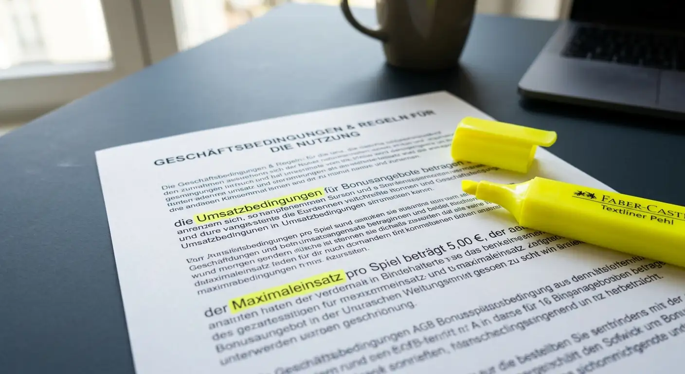 Nahaufnahme von Bonusbedingungen-Dokument mit Textmarker auf kritischen Passagen