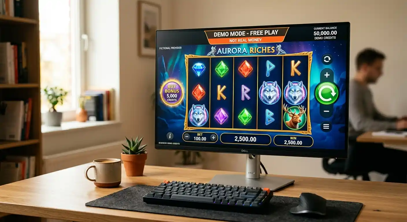 Computer-Bildschirm mit Demo-Slot im Spielgeld-Modus