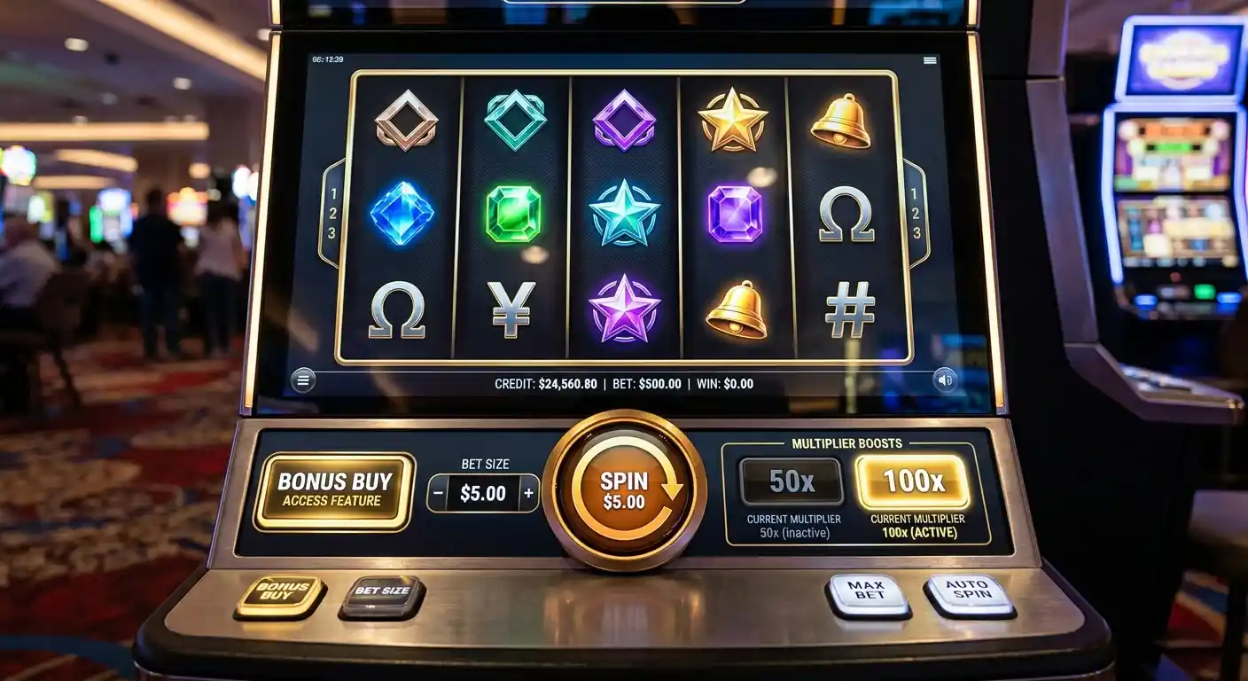 Slot-Walzen mit Bonus-Button und Multiplikator-Anzeige