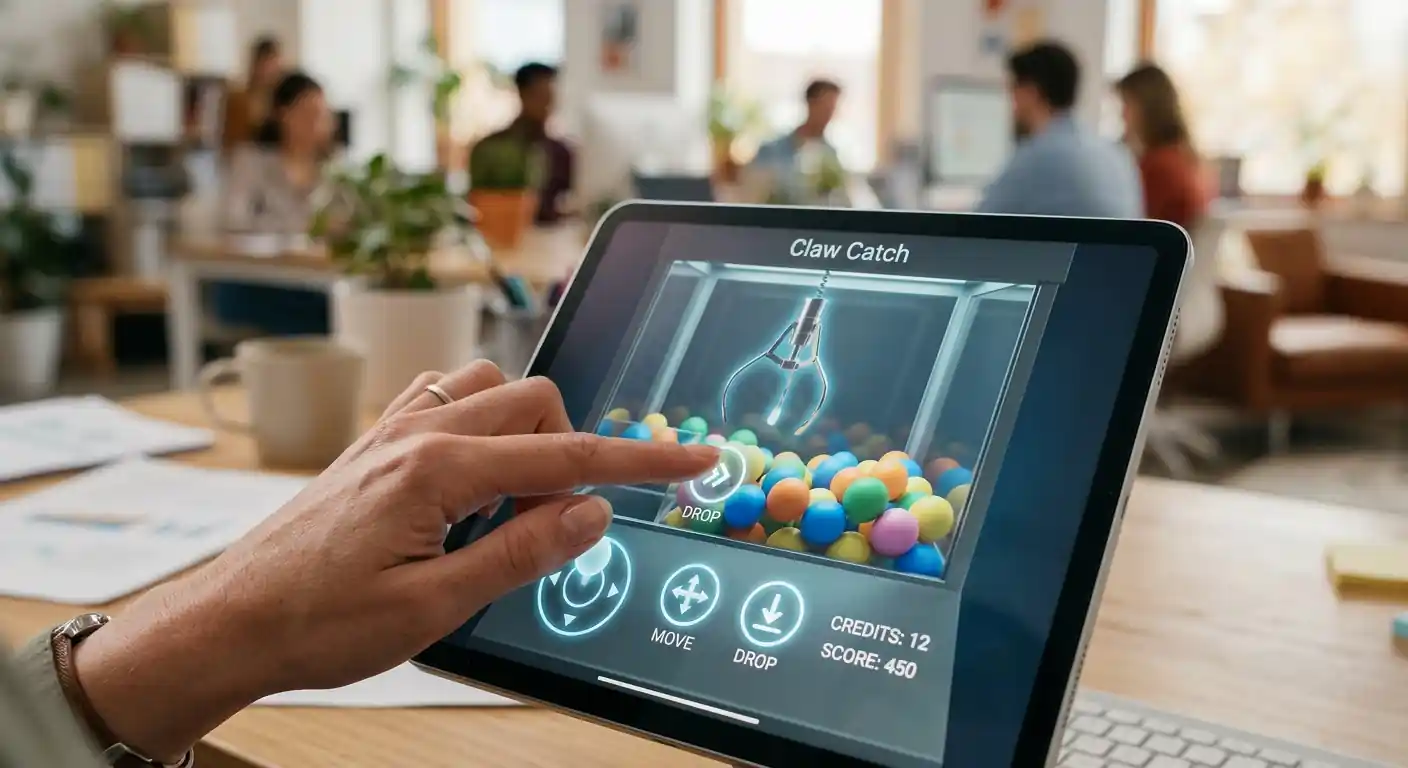 Hand bedient Tablet mit Greifarm-Interface und bunten Preiskugeln