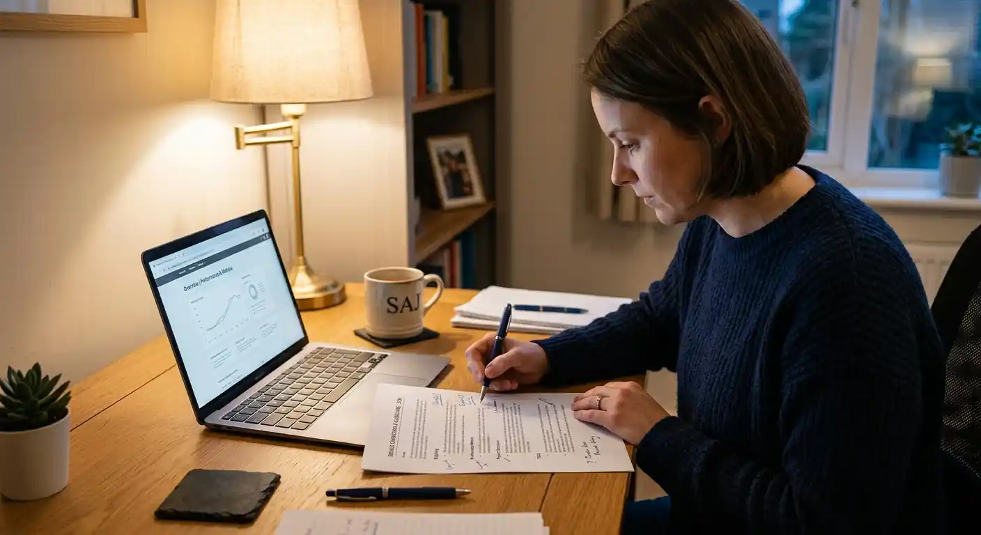 Laptop mit geöffneter Bonus-Übersichtsseite und handschriftlichen Notizen