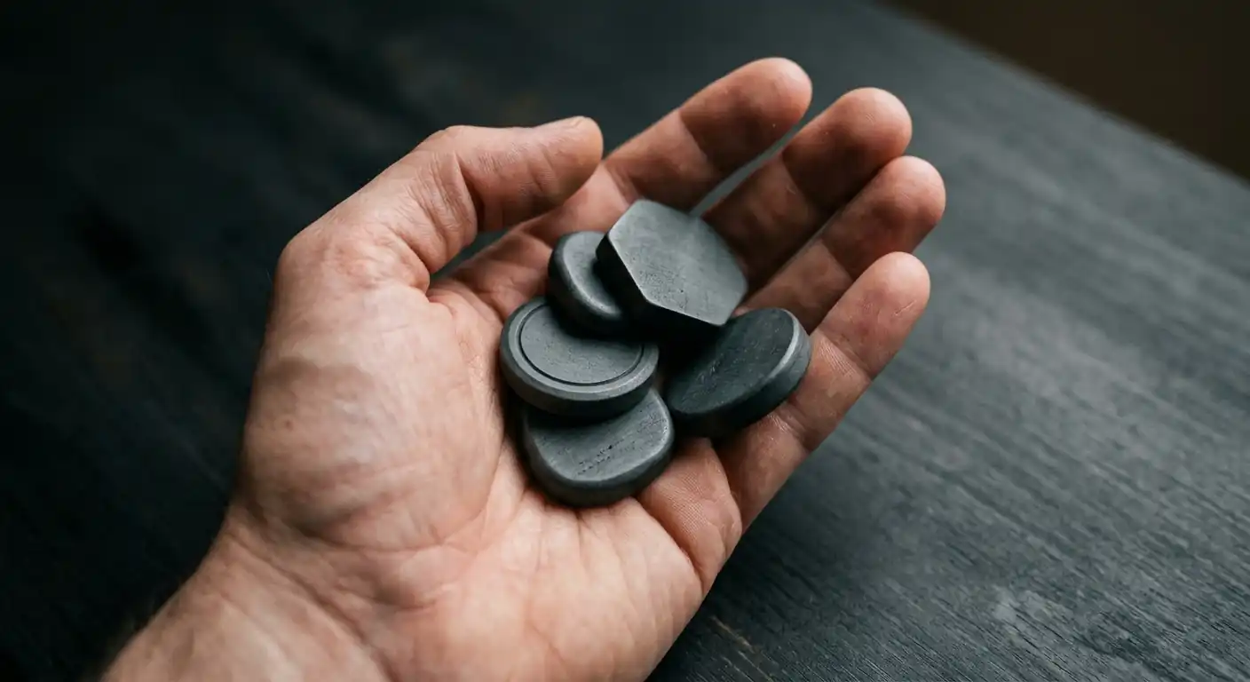 Hand hält symbolische Spielchips ohne Wertangabe vor neutralem Hintergrund