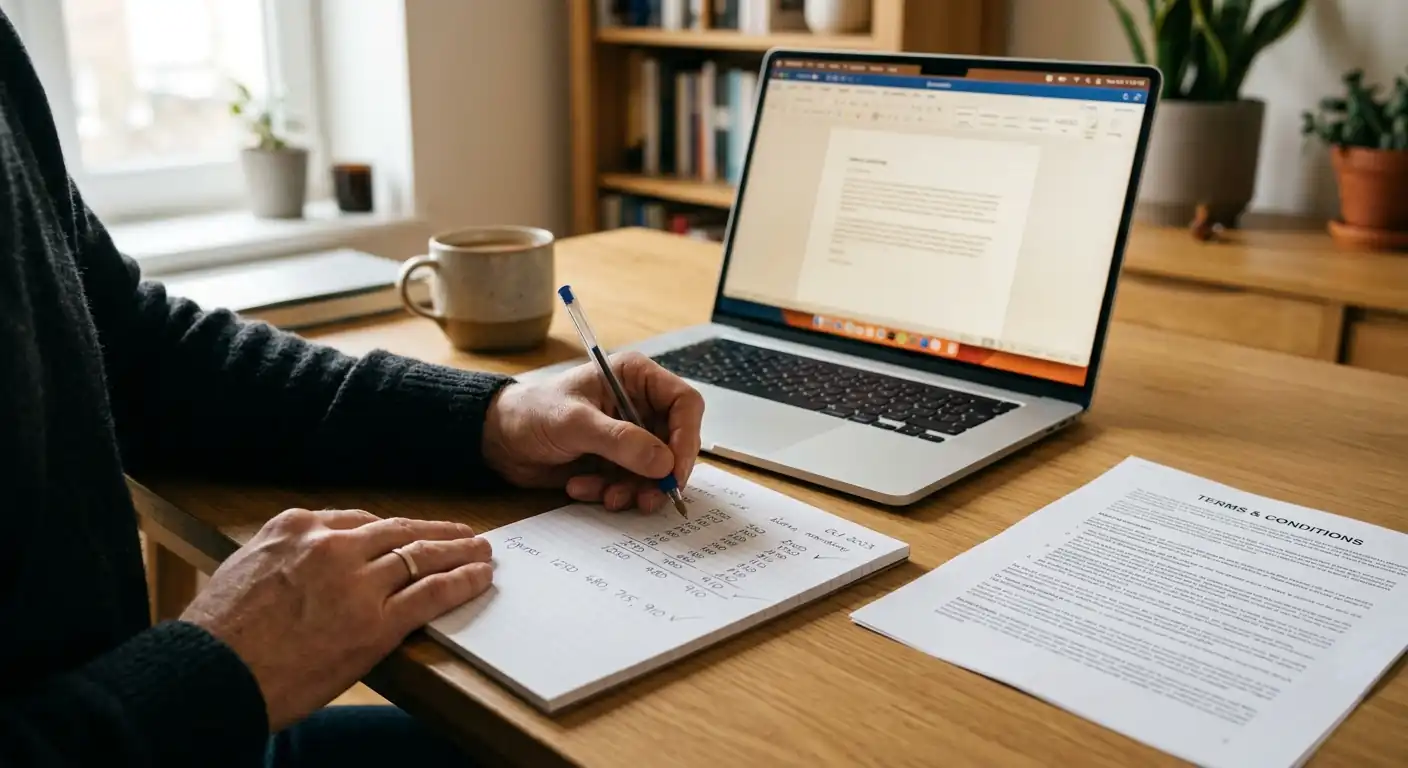 Person prüft mit Stift und Notizblock die Bedingungen eines Bonus ohne Einzahlung