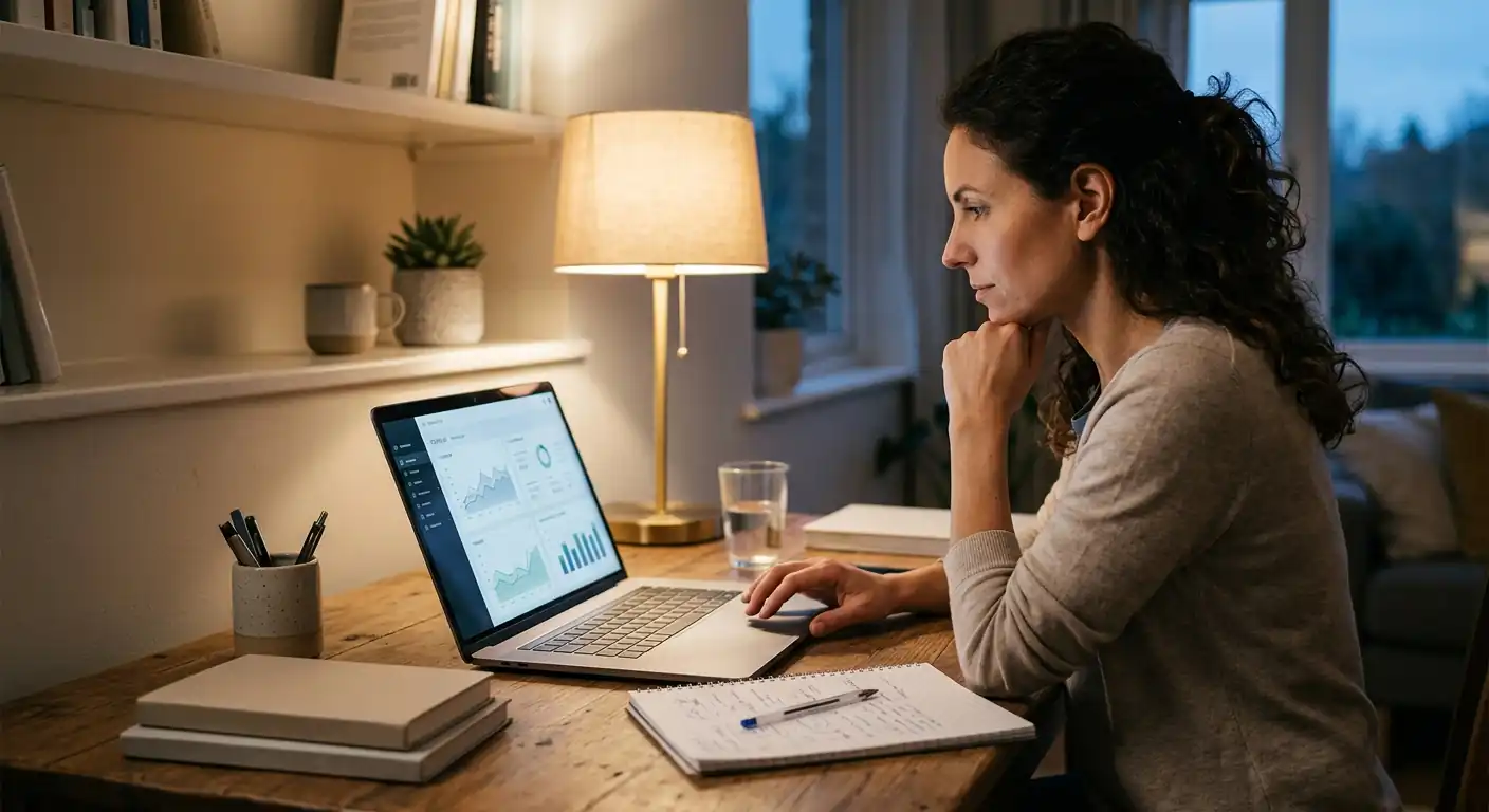 Spieler plant seine Bonus-Strategie am Laptop mit Notizen zu Umsatz und Fristen