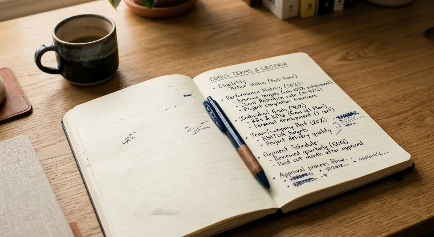 Notebook mit handgeschriebenen Notizen zu Bonusbedingungen