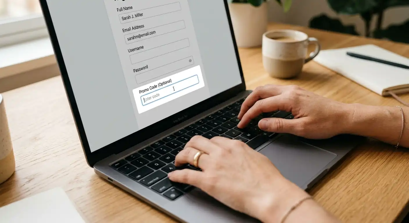 Hände tippen auf Laptop-Tastatur mit Registrierungsformular und Promocode-Feld