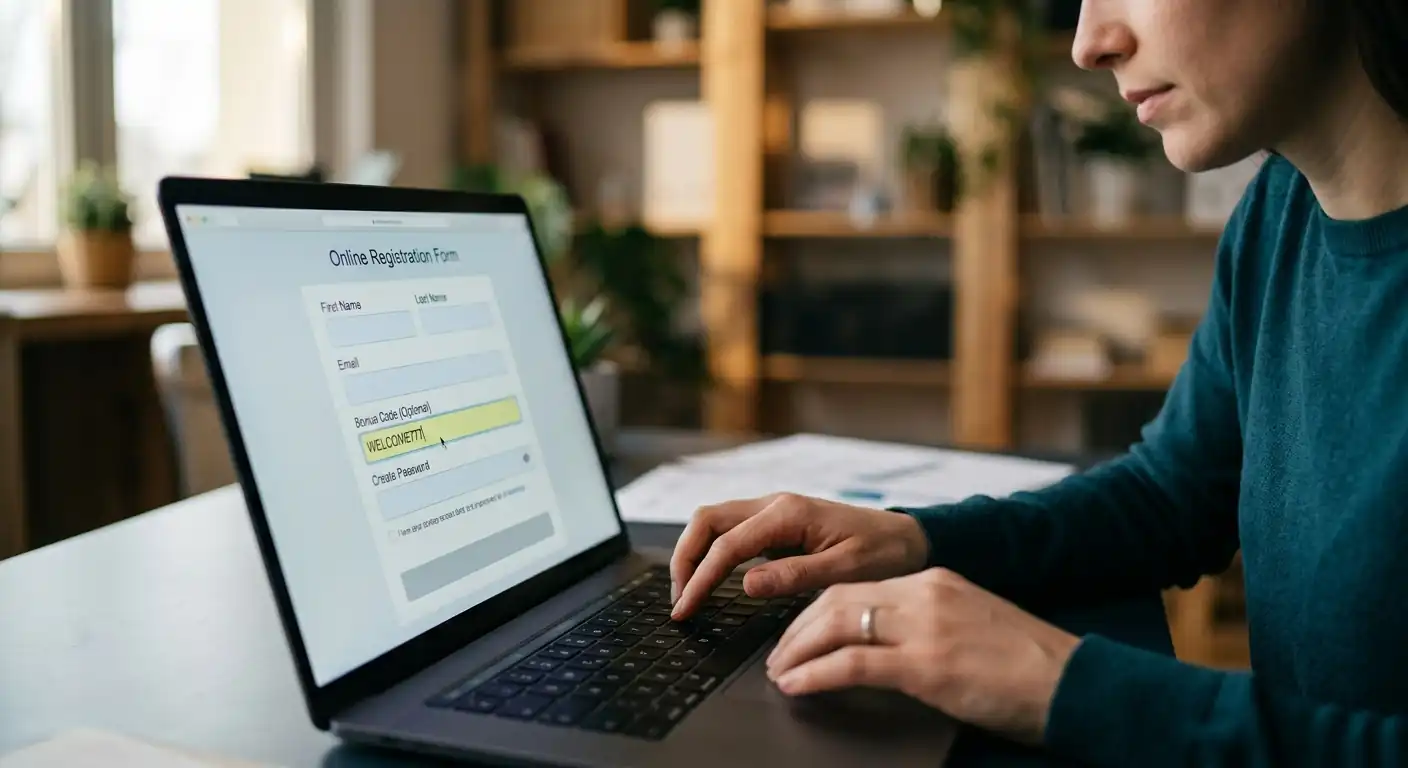 Person am Laptop, die ein Registrierungsformular mit hervorgehobenem Bonuscode-Feld ausfüllt