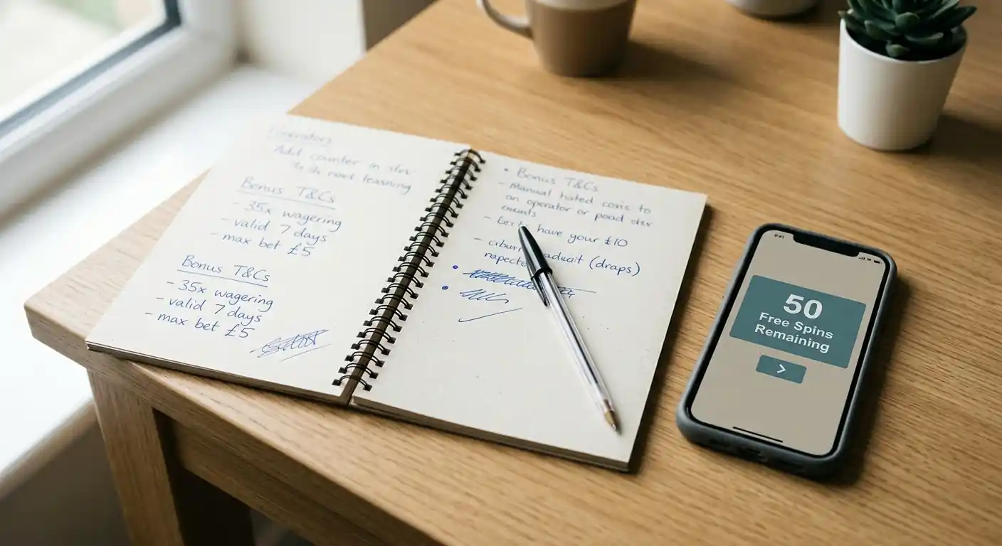 Notizbuch mit handschriftlichen Bonusbedingungen neben einem Smartphone