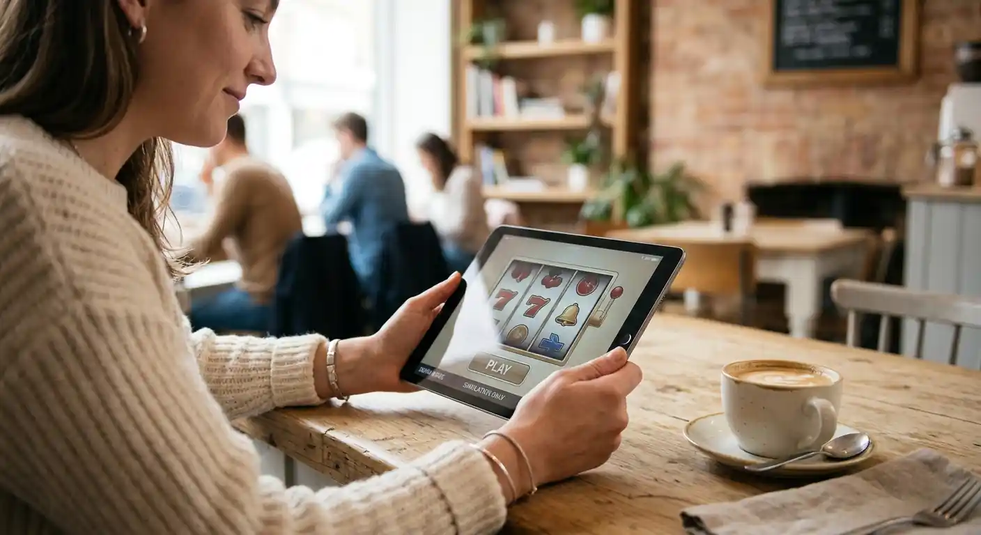 Person mit einem Tablet in einem Café zeigt eine neutrale Slot-Demo