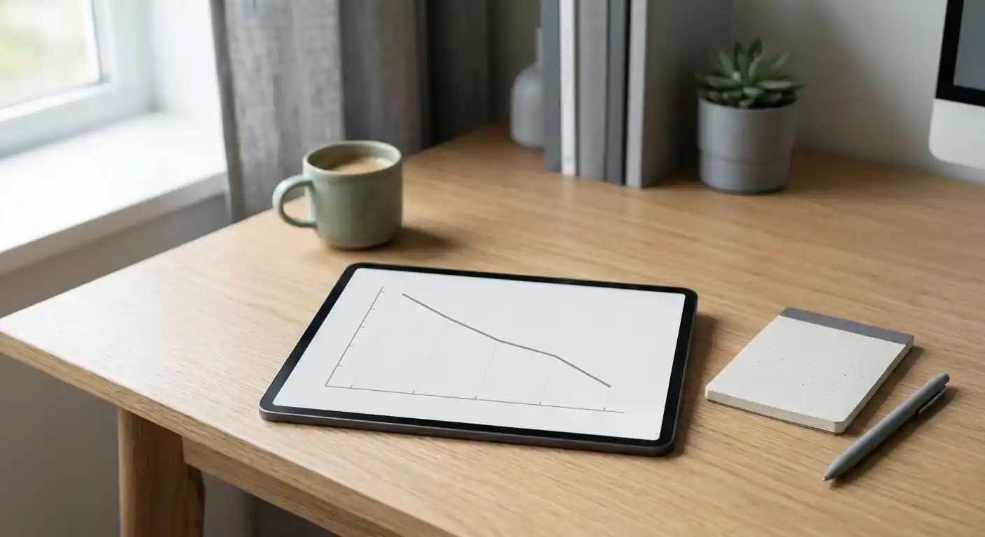 Tablet mit einer Kurve von fünf fallenden Prozentstufen auf einem Schreibtisch