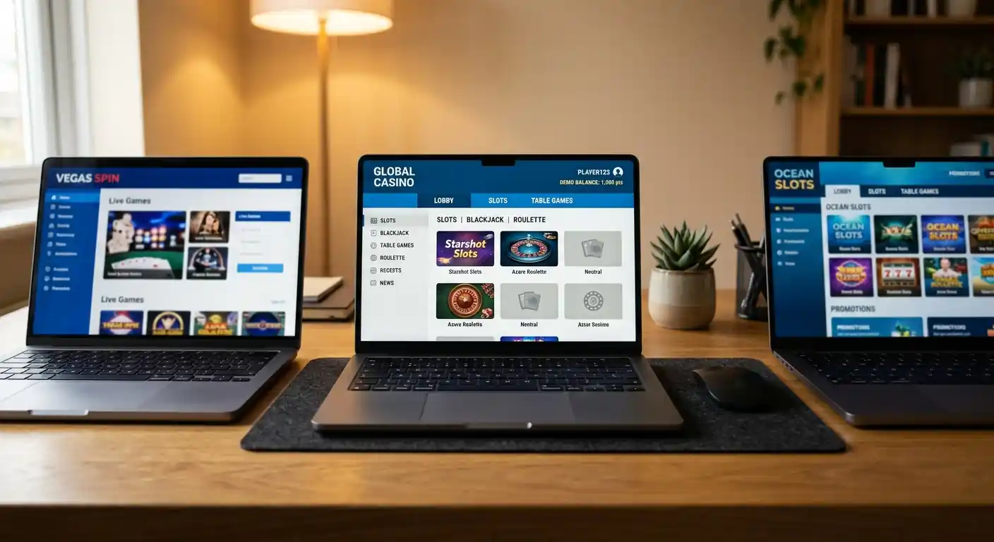 Mehrere Laptop-Bildschirme mit neutralen Casino-Oberflächen nebeneinander