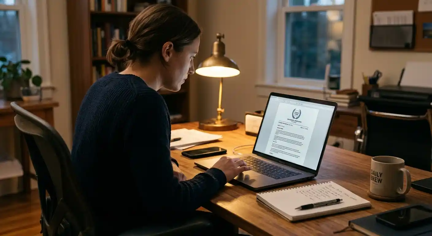 Person am Laptop prüft ein offizielles Dokument mit Siegel auf dem Bildschirm