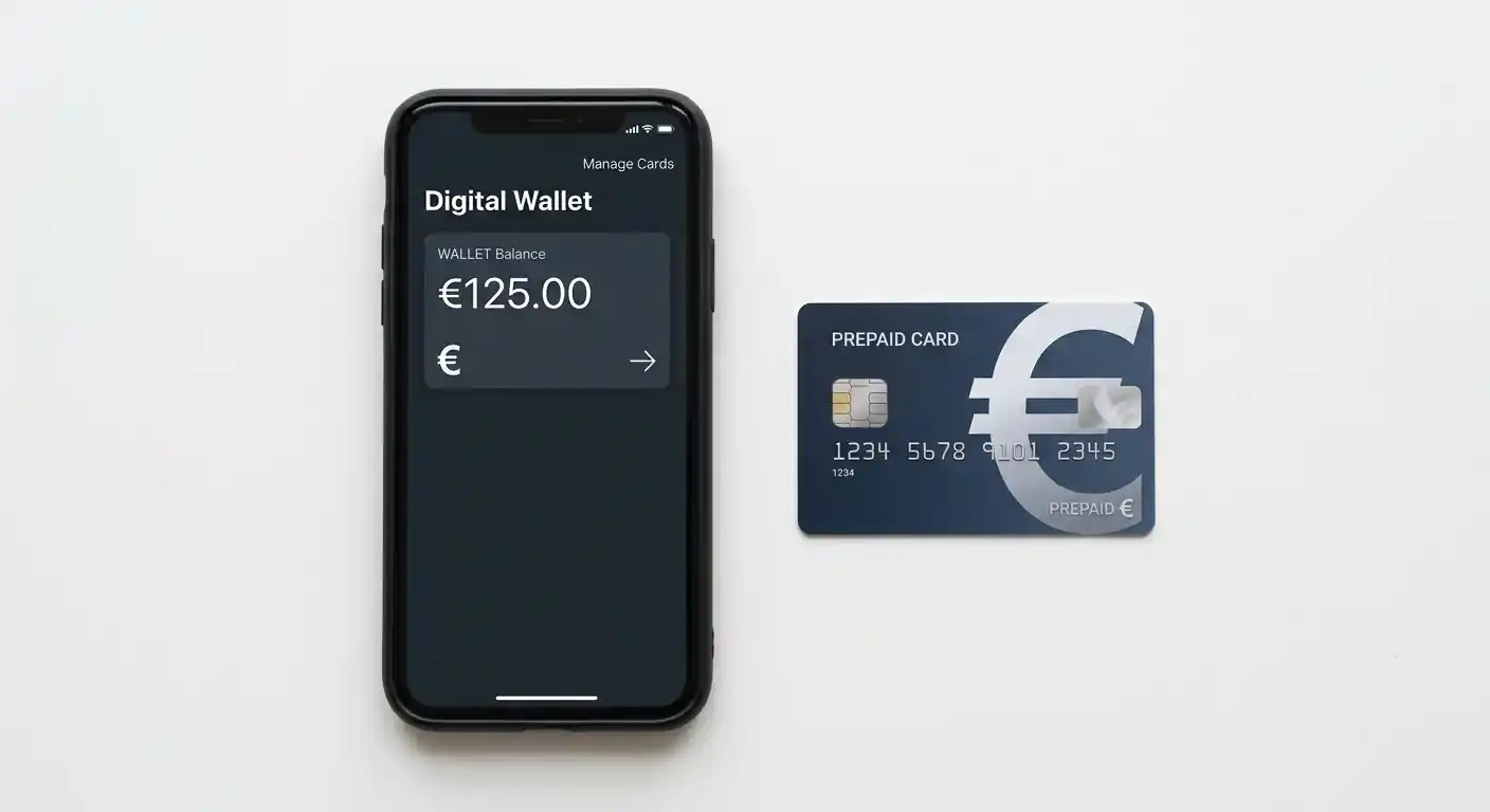 Smartphone neben einer neutralen Prepaid-Karte und symbolischem Eurozeichen auf einem Schreibtisch