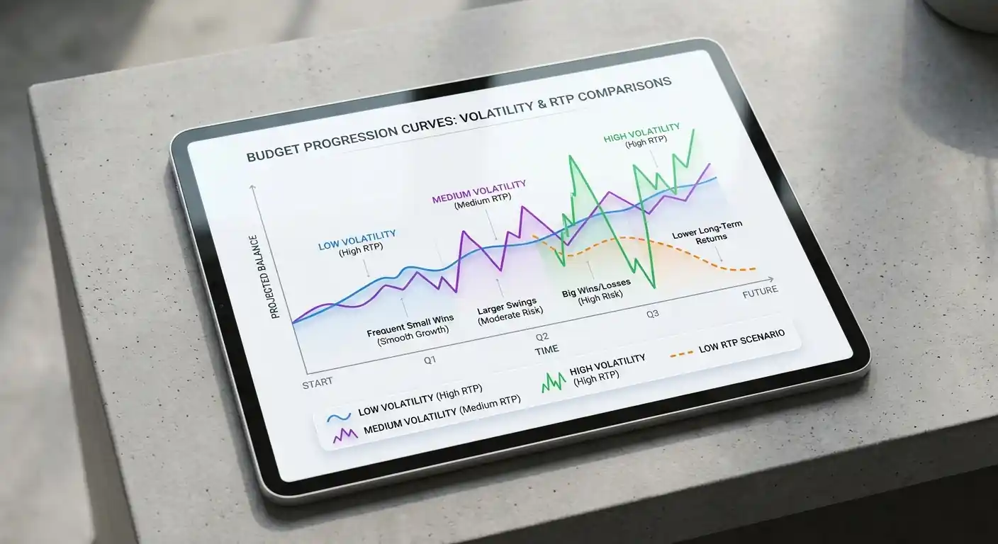 Diagramm zeigt Budget-Verlauf bei verschiedenen RTP und Volatilitätskombinationen