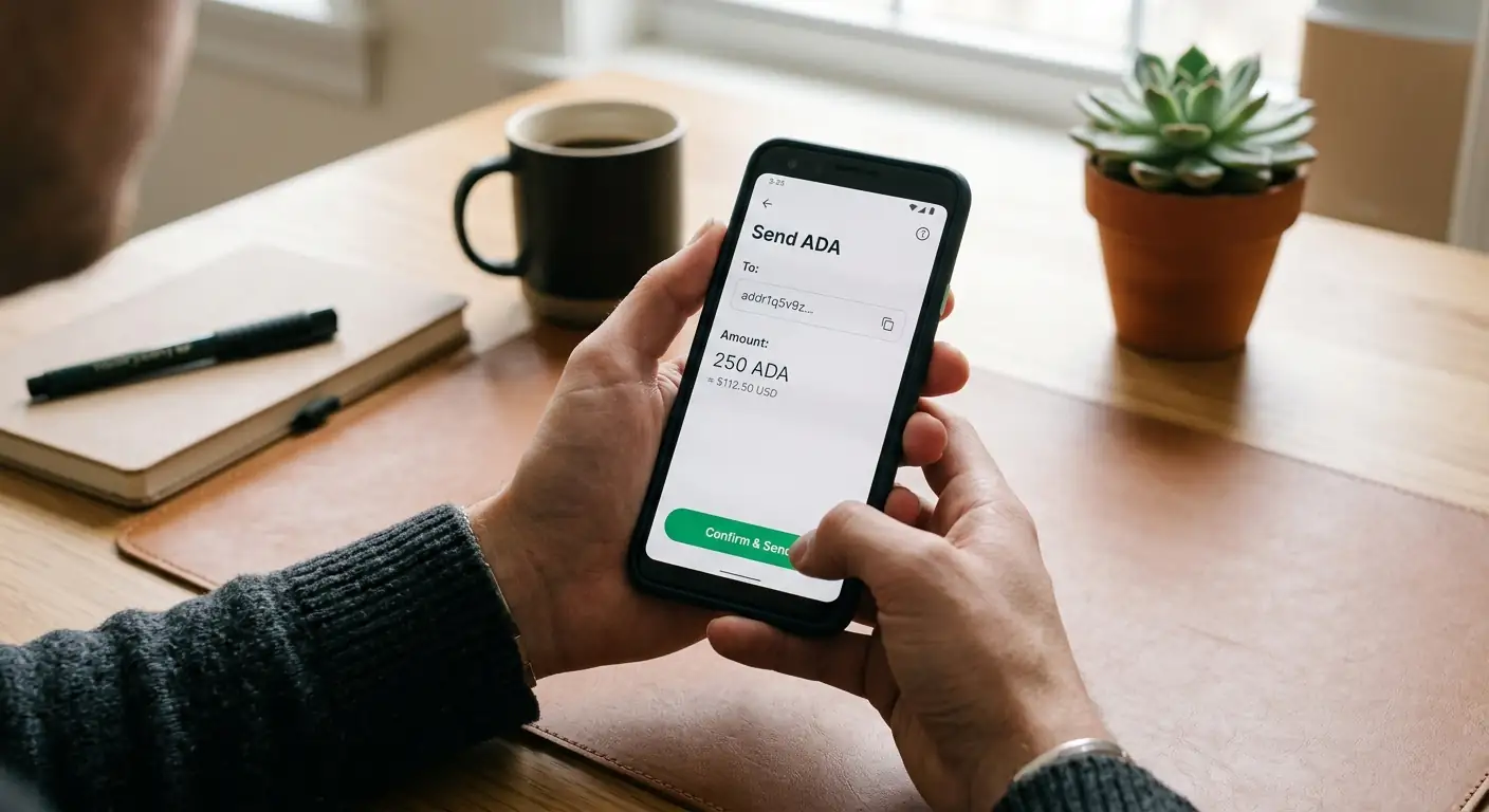 Person sendet ADA von einer Krypto-Wallet auf dem Smartphone an eine neutrale Empfängeradresse